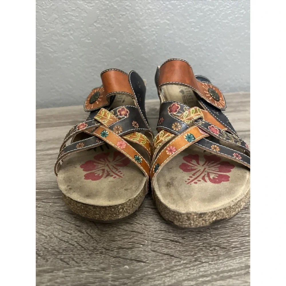 Spring Step LArtiste Sandals Womens 40 Navy Brown Jadora Floral Leather Wedge